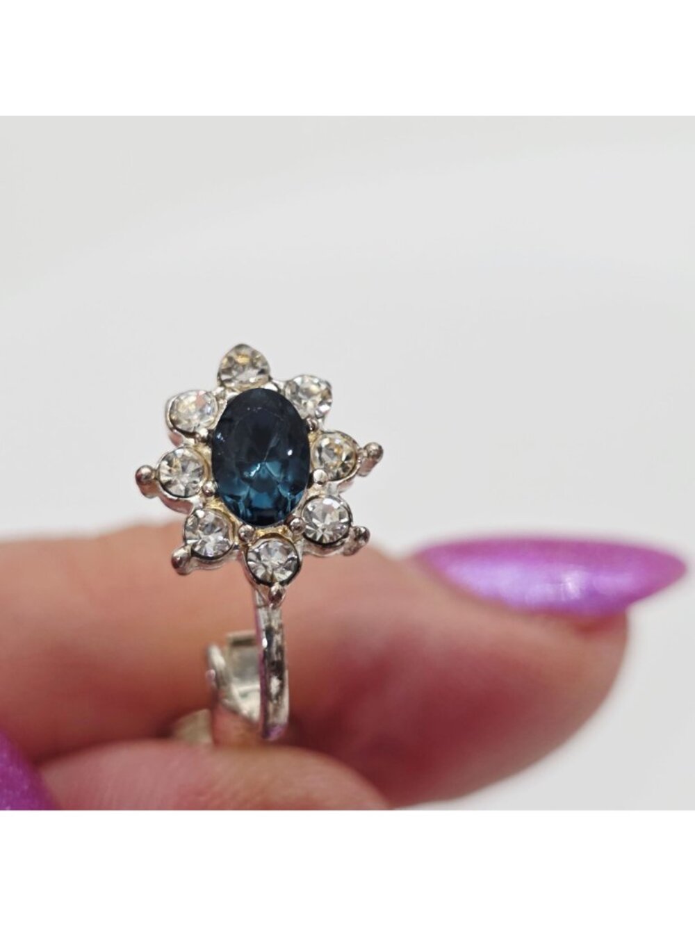 Vintage Silver-Tone Clip-On Earrings With Blue & Clear Rhinestones Floral Design - Picture 6 of 7